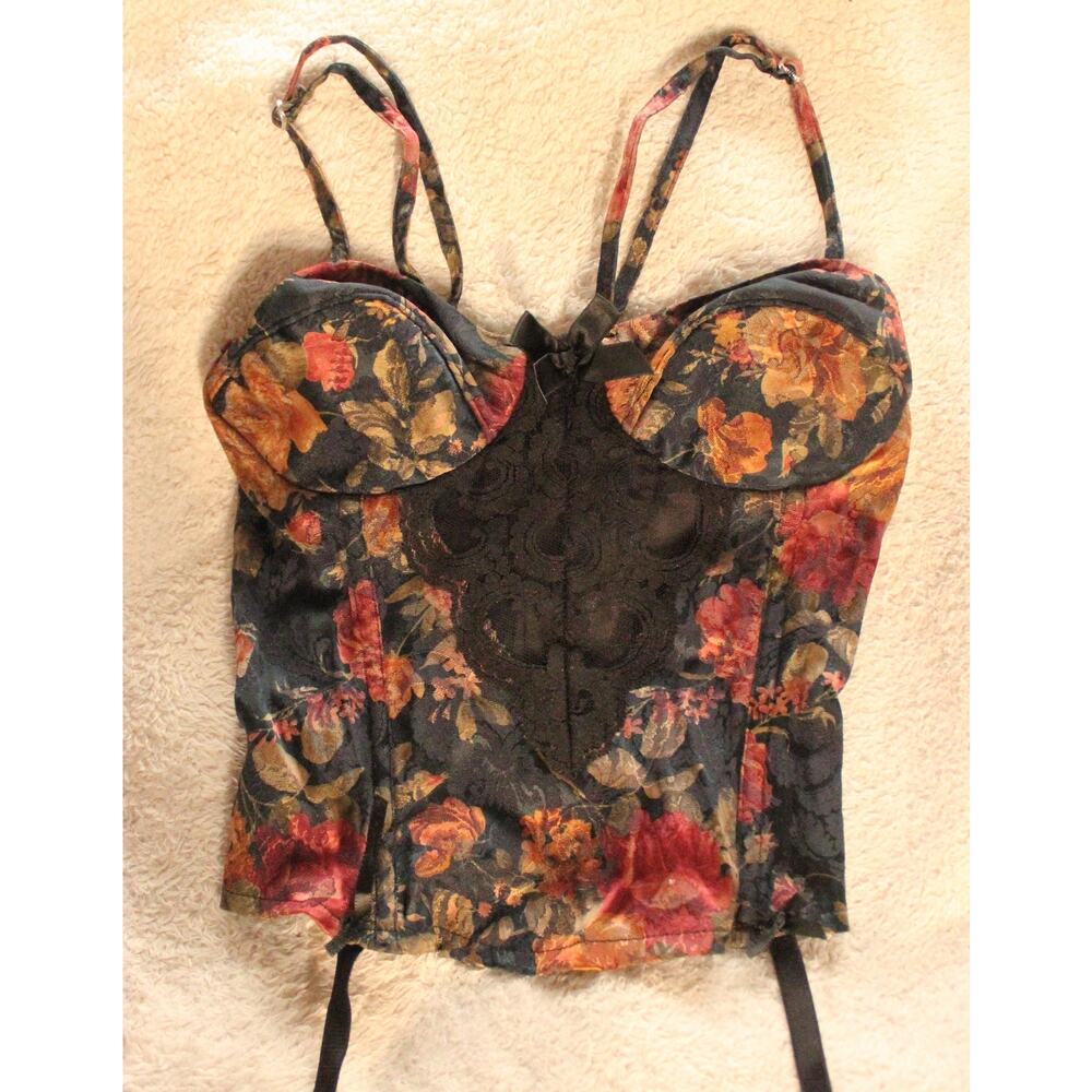 Red + Black Floral Corset Style Lingerie Top- M